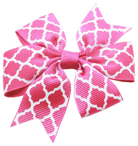 Hair Bow Quatrefoil Alligator Clip Bright Pink