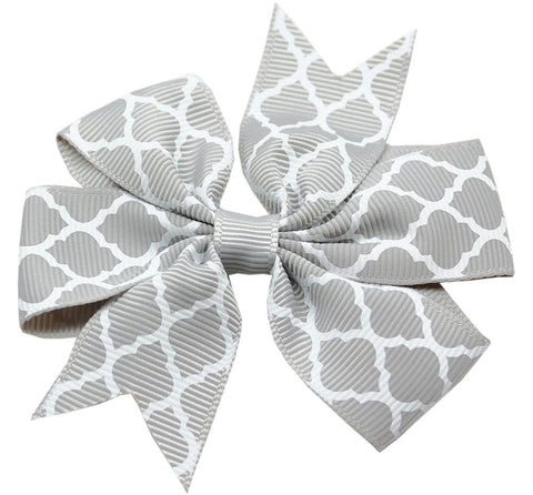 Hair Bow Quatrefoil Alligator Clip Grey