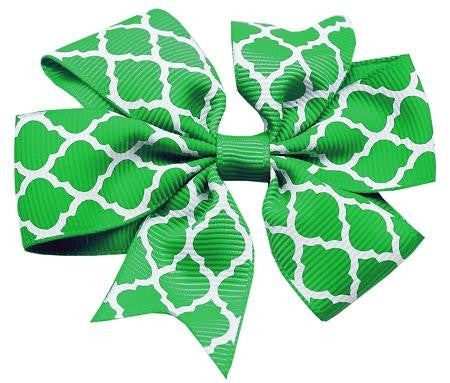 Hair Bow Quatrefoil French Barrette Green