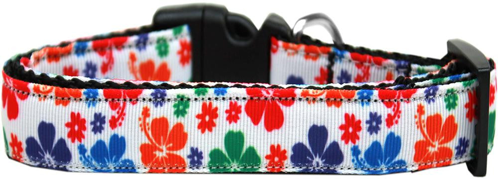 Multi-Colored Hawaiian Hibiscus Nylon Ribbon Dog Collar XL