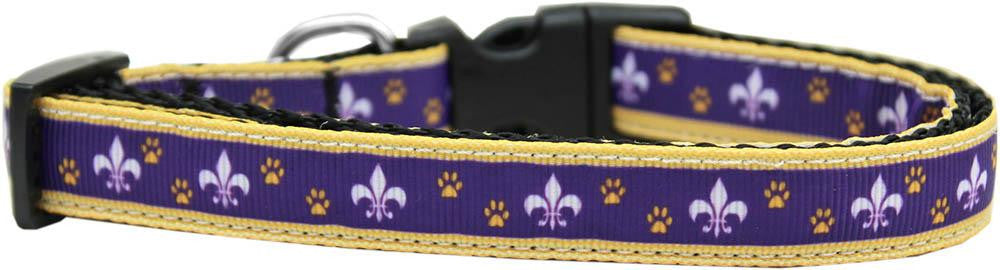 Purple and Yellow Fleur de Lis Nylon Ribbon Dog Collar Medium Narrow