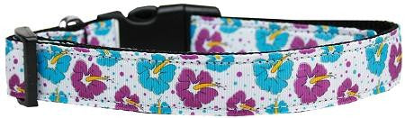 Blue and Purple Hibiscus Flower Nylon Dog Collar Large