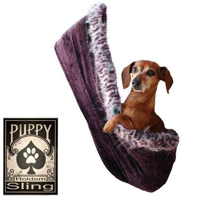 Flying Dragon Rhinestone Puppy Holdem Sling Eggplant Velour w- Purple Leo trim Size Lg-XL