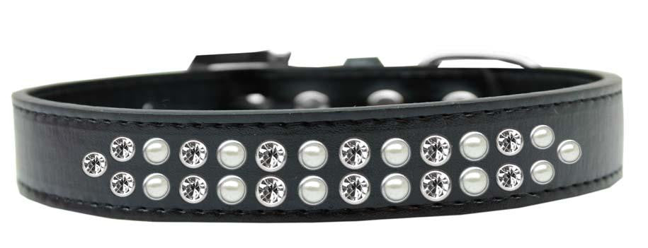 Two Row Pearl and Clear Crystal Size 12 Black Dog Collar