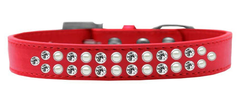 Two Row Pearl and Clear Crystal Size 16 Red Dog Collar