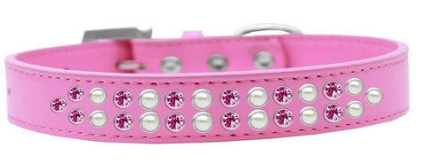 Two Row Pearl and Pink Crystal Size 18 Bright Pink Dog Collar