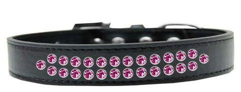 Two Row Bright Pink Crystal Size 14 Black Dog Collar