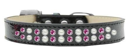 Two Row Pearl and Pink Crystal Size 16 Black Ice Cream Dog Collar