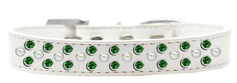 Sprinkles Dog Collar Pearl and Emerald Green Crystals Size 16 White