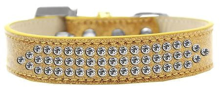 Three Row Clear Crystal Ice Cream Dog Collar Gold Size 12