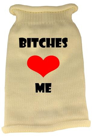 Bitches Love Me Screen Print Knit Pet Sweater LG Cream