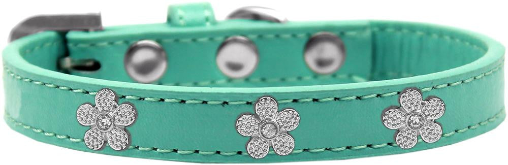 Silver Flower Widget Dog Collar Aqua Size 12