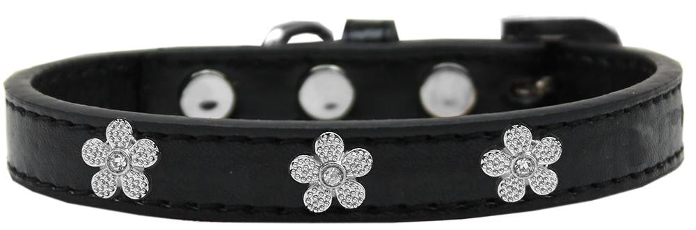 Silver Flower Widget Dog Collar Black Size 16