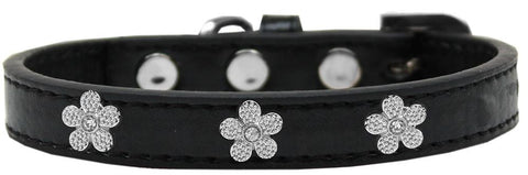 Silver Flower Widget Dog Collar Black Size 20