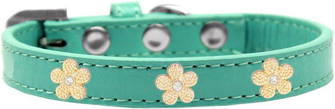 Gold Flower Widget Dog Collar Aqua Size 14