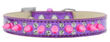 Double Crystal And Bright Pink Spikes Dog Collar