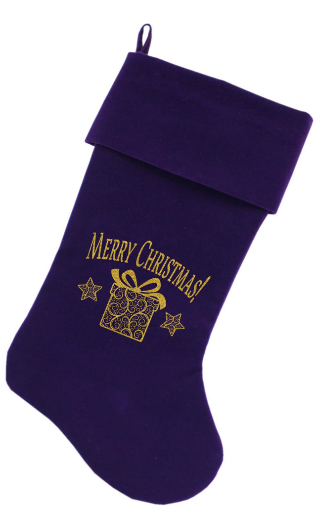 Golden Christmas Present Screen Print 18 inch Velvet Christmas Stocking Purple