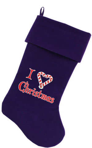 I Heart Christmas Screen Print 18 inch Velvet Christmas Stocking Purple