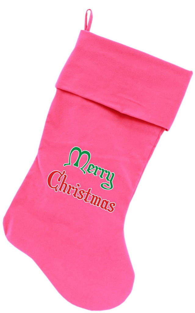 Merry Christmas Screen Print 18 inch Velvet Christmas Stocking Pink