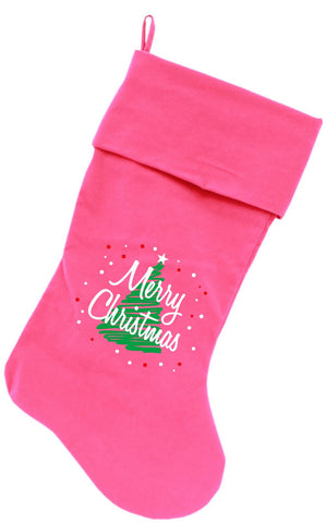 Scribbled Merry Christmas Screen Print 18 inch Velvet Christmas Stocking Pink