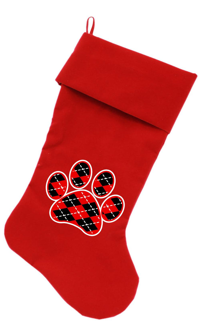 Argyle Paw Red Screen Print 18 inch Velvet Christmas Stocking Red