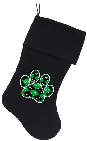 Argyle Paw Green Screen Print 18 inch Velvet Christmas Stocking Black