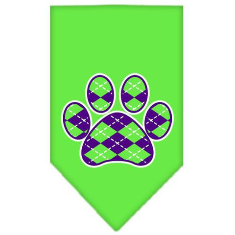 Argyle Paw Purple Screen Print Bandana Lime Green Small