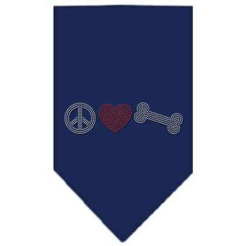 Peace Love Bone Rhinestone Bandana Navy Blue Small