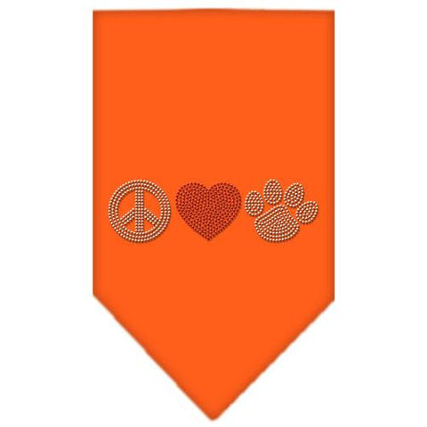 Peace Love Paw Rhinestone Bandana Orange Small