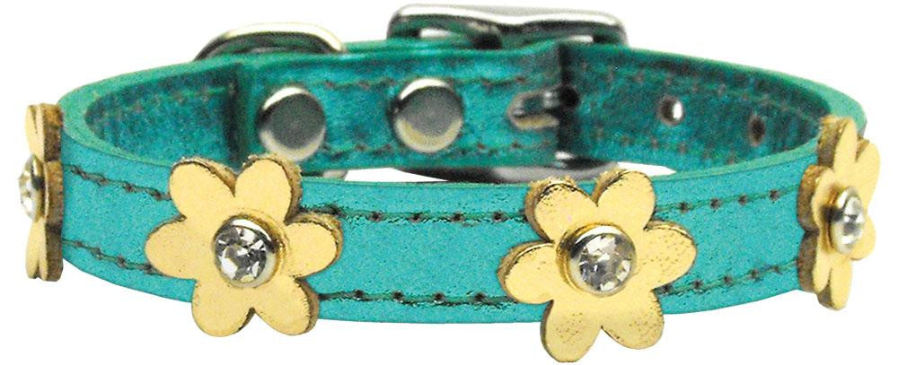 Flower Leather Metallic Turquoise w- Gold Flowers 14