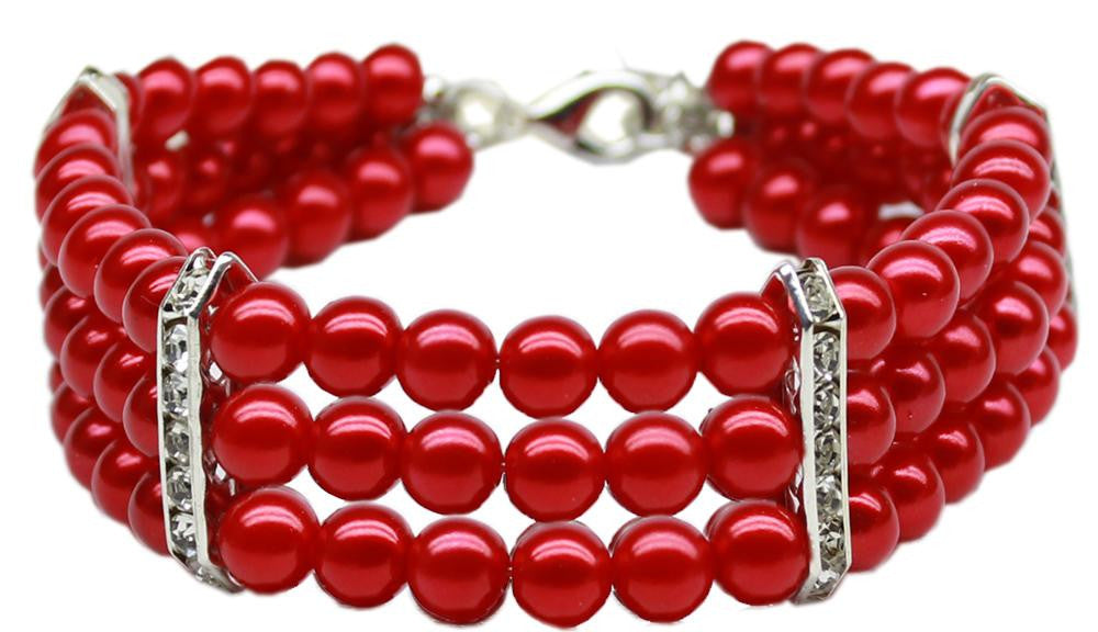 Three Row Pearl Necklace Red Md (10-12)